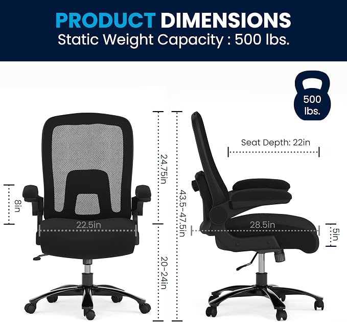Flash Furniture Big & Tall Mesh Swivel Office Chair, Black | Mesh Back, Lumbar and Back Support, Flip-Up Arms