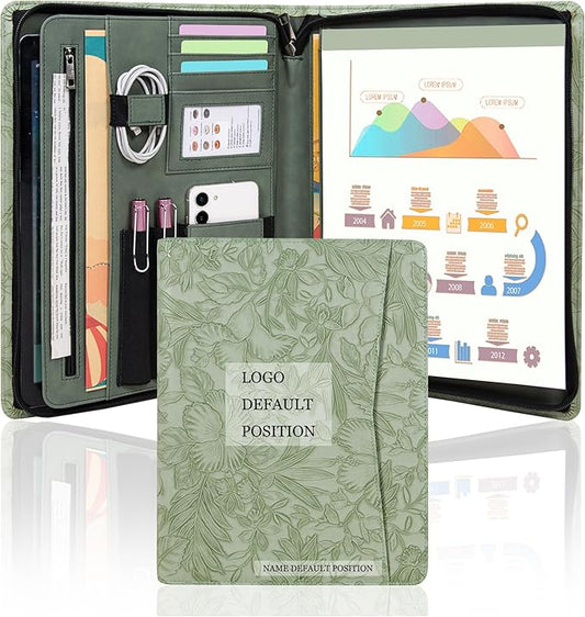 Calfinder Vegan Leather Portfolio with Zipper, Professional Business Padfolio with A4 Writing Pad Holder, Green Christmas Gifts, Resume Folder for Men and Women (Light Green, Customized)