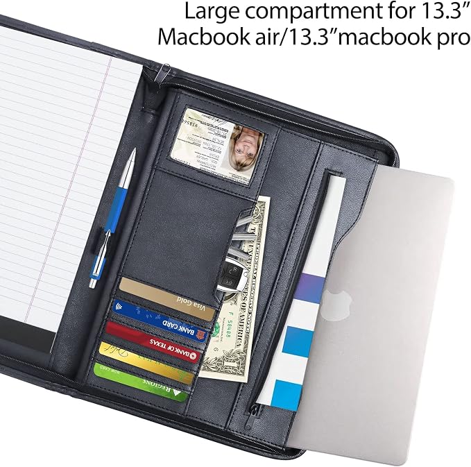 Zippered Padfolio Portfolio Binder, Leather Business Portfolio, & 8.5 x 11 Legal Pad, Office Supplies Organizer, Black Zippered Pocket, Planners, Resume, Briefcase for Travel and Interview