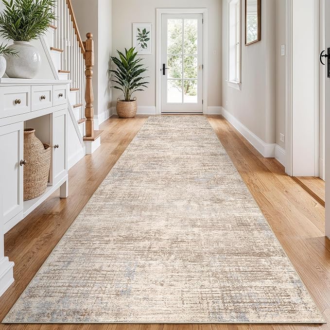 3x12 Hallway Washable Runner Rug - Non-Slip Kitchen Rugs with Rubber Backing Abstract Low-Pile Carpet Runners for Laundry Room Home Decor Bedroom Bathroom Entryway (Ivory Beige Distressed,3x12)