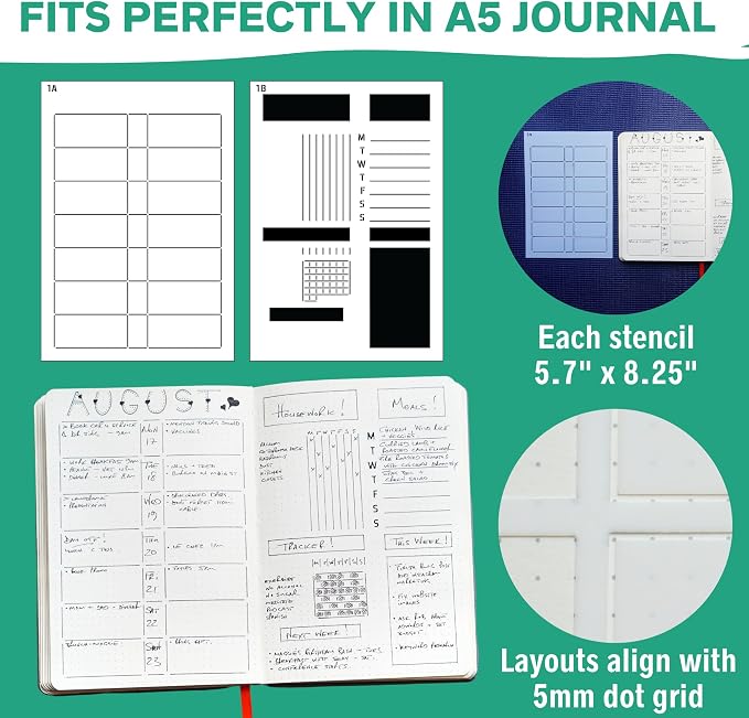 Speedy Spreads Journal Stencils (Weekly Layouts #1) - x6 Stencils for A5 Bullet Dot Grid Journal Notebook, Save Time on Full-Page Layouts, DIY Planner Templates for Productivity by Sunny Streak