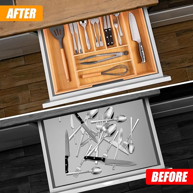 Large Premium Bamboo Silverware Organizer - Expandable Utensil Drawer Organizer - 17"x19.6" Utensil Holder and Cutlery Tray with Grooved for Kitchen Flatware and Utensils Mother's Day Gift