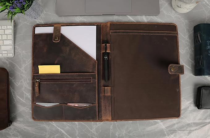 KomalC Leather Portfolio Folder with Luxury Pen and Button Closure | Business Padfolio for Professionals | Vintage Organizer with Legal Pad Holder & Card Slots (Distressed Tan)