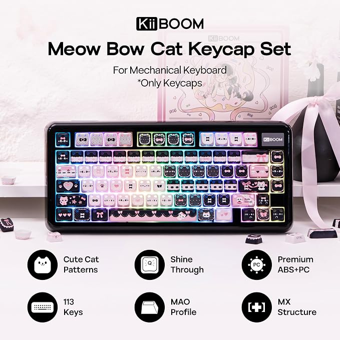 KiiBOOM Cute Cat Keycaps Set, Mao Profile, PC+ABS Keycap for MX Switches Mechanical Keyboard, Compatible with 60%, 65%, 75%, TKL, 96%, Full-Sized Layout (Meow Bow)