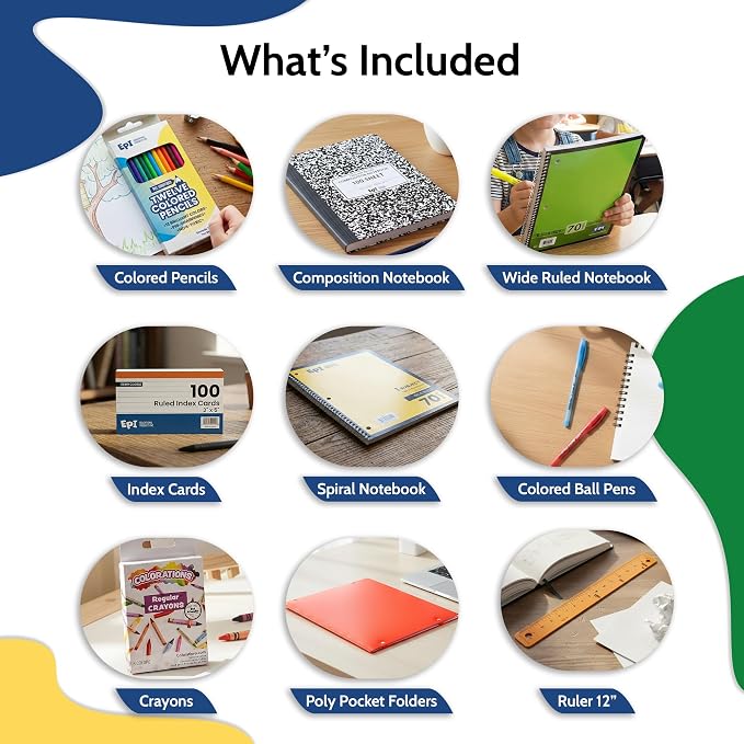 EPI Essentials Back to School Supplies for Kids – 50 Items in Kit – Kindergarten to 12th Grade School Supply Packs – Wide-Ruled Bundle with Composition Notebooks – Suitable for Homeschooling