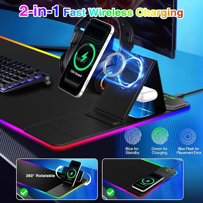 XL RGB Gaming Mousepad, 25 Lighting Effects, 15W Fast Charging, Phone Stand | 31.5"x11.8" Extended Keyboard Mat Pad with Stitched Edges, Ultra-Smooth Waterproof Surface, Non-Slip Base