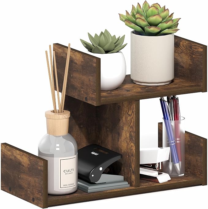 Furinno HERMITE Desk Organizers and Accessories, 2-Tier U-Shape Office Organization Shelf, Desk Top Book Shelf, for Writing Supplies, Desktop, Amber Pine