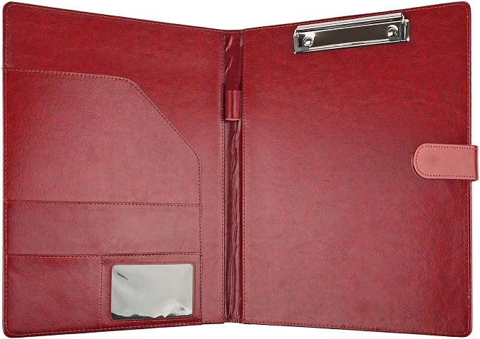Professional Padfolio with Clipboard, Faux Leather Portfolio Folder Binder, Legal Pad Holder for A4 Letter Size Notepad, Resume, Writing, Ideal Organizer for Business Office Conference (Red)