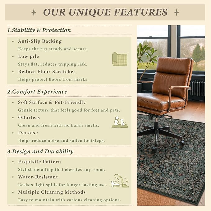 Washable 2'5"x4' Dark Green Office Chair Mat for Hardwood & Tile Floor, Vintage Floral Under Desk Rug, Floor Protector for Rolling Chairs, Office Oriental Low Pile Non Slip & Stain Resistant