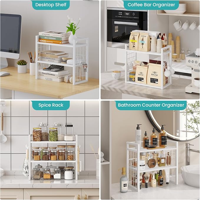 ELITEROO Desk Shelf Organizer, Tiered Wood Desktop Book Shelf, White | Desk Top Storage Rack, Freestanding Tabletop Organizer for Top of Desk, Office Supplies, Books & Decorations