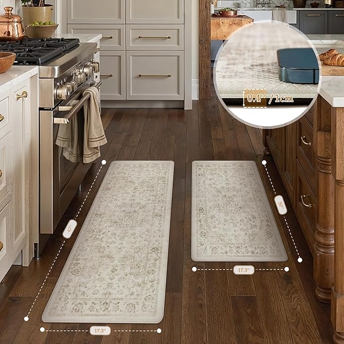 Anti Fatigue Kitchen Mats 2PCS Beige Neutral Mats for Cushioned Vintage Kitchen Matss for Floor Non-Slip Waterproof Comfort Standing Rug for Sink Laundry Office 17.3"×47"+17.3"×30"