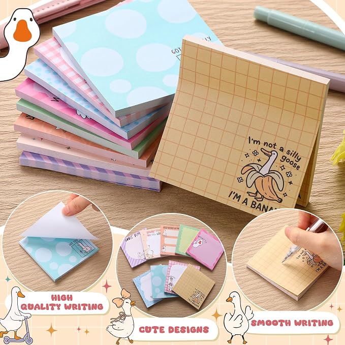9 Pads Cute Sticky Notes Cartoon Self Stick Notepads 3x3 Inches Notes Adhesive Memo Pad Office Decor Gifts for Students School Teacher Office Meeting(Goose)