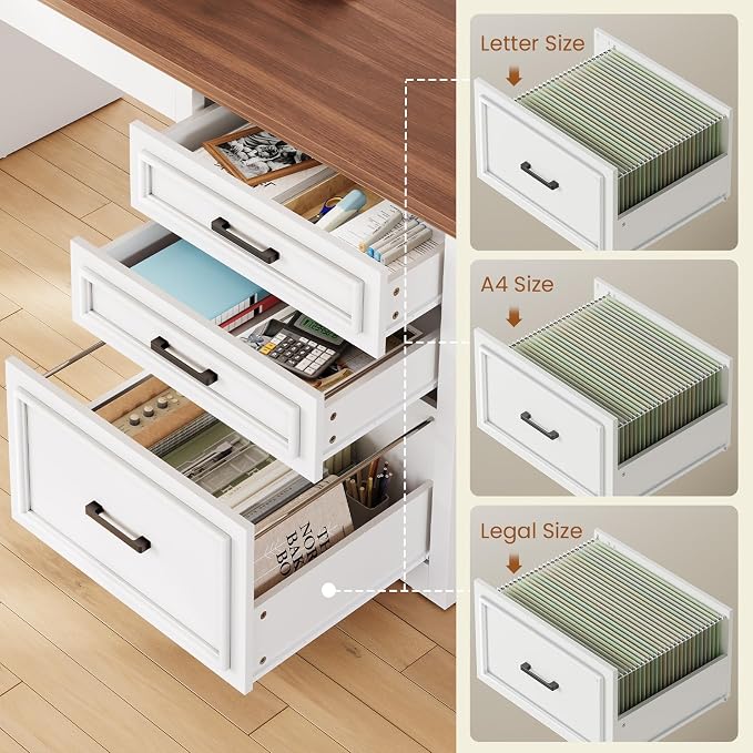 SEDETA Farmhouse L Shaped Electric Standing Desk, 63" x 67" Height Adjustable Home Office Executive Desk with Drawers, Standing Computer Desks with Power Outlet for Home Office, White+Brown