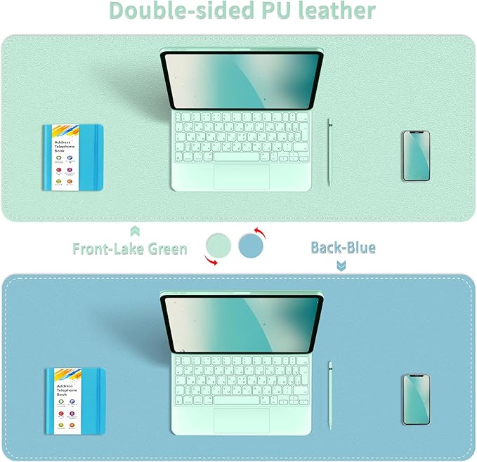 Bleswin Multifunctional Large Desk Mat, Double Sided Computer Desk pad, Extended Mouse Mat, Office Desk Protector with Waterproof PU Leather, 35.4''×16.9'', Office Home Writing Pad (Lake Green+Blue)