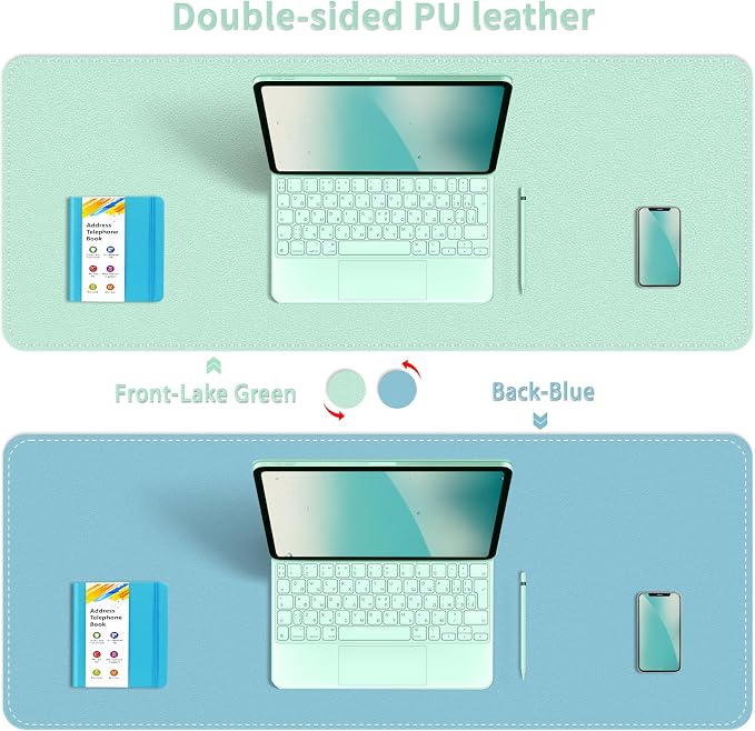 Dual-Sided Desk Mat, Large Pad, Waterproof Smooth PU Leather Blotter Protector, Mouse Pad, Desk Organizers, Office/Home Table Decor for Reading and Writing (Lake Green+Blue, 47.2''23.6'')