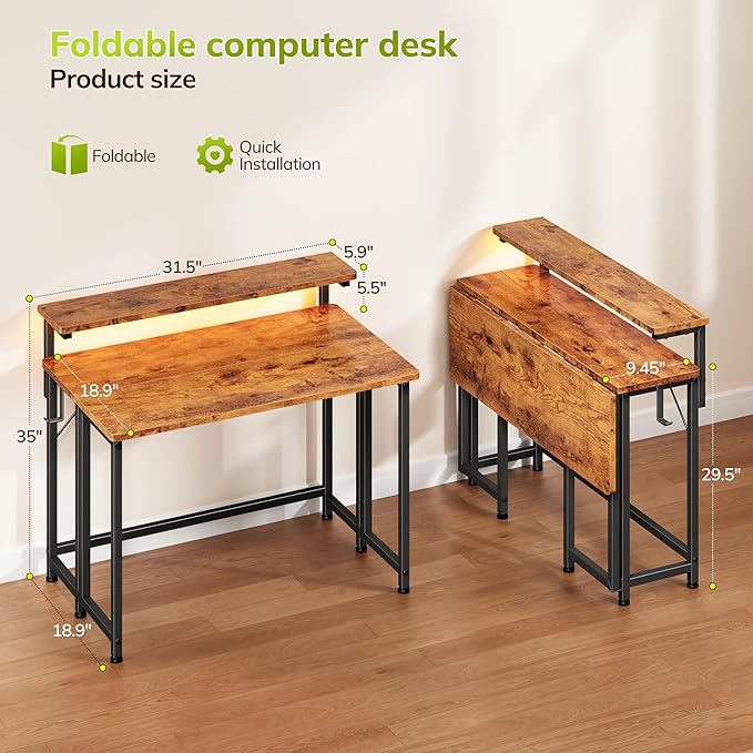 Folding Desk for Small Space,Foldable Computer Desk with Monitor Stand,31.5 Inch Small Desk with LED Lights for Bedroom Home Office,Writing Work Office Computer Desk with Hooks,Rustic Brown