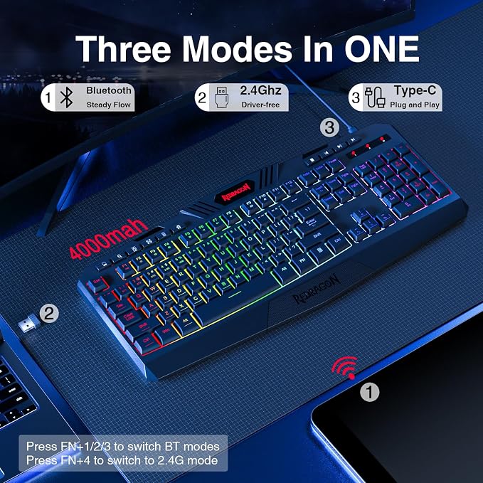 Redragon K503 Wireless Gaming Keyboard, 3-Mode (2.4G/BT/USB), RGB LED Backlit, Multimedia Keys, Fully Programmable Silent Membrane Keyboard with Wrist Rest for Windows PC Games (Black)