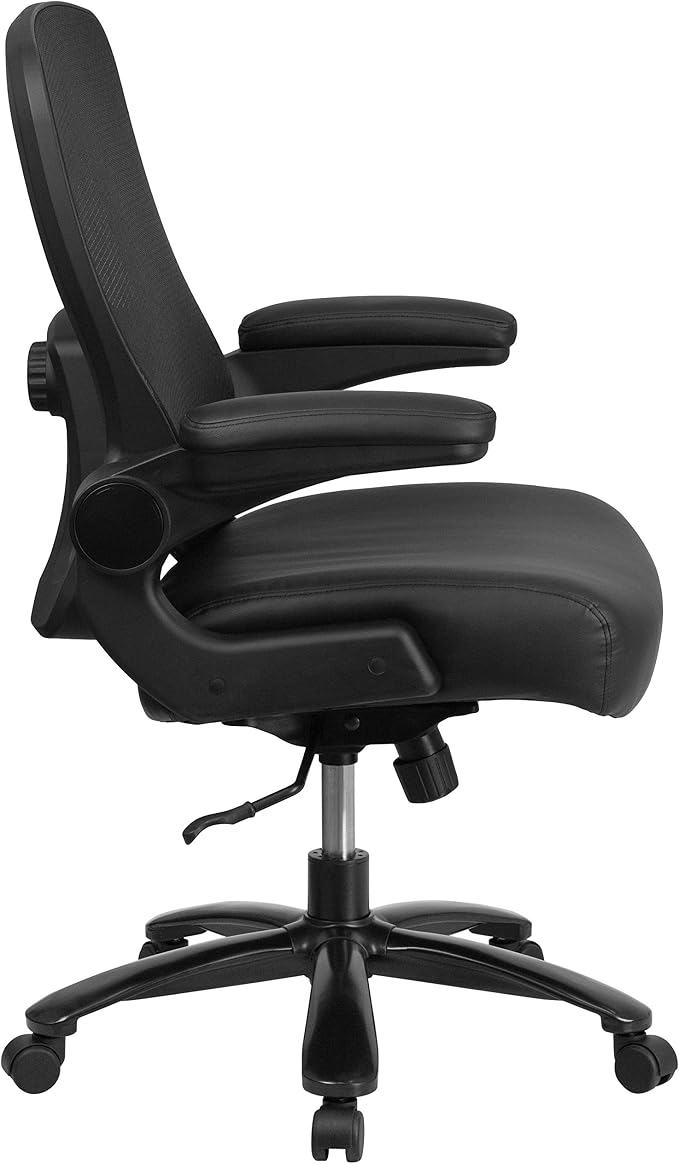 Flash Furniture Big & Tall Swivel Office and Gaming Chair with LeatherSoft Seat, Mesh Office Chair with Flip-Up Armrests and Adjustable Height, Black | Ergonomic, Adjustable Lumbar, Mesh Back, 500 LBS. Weight Capacity, LeatherSoft Upholstery, Flip-Up P...