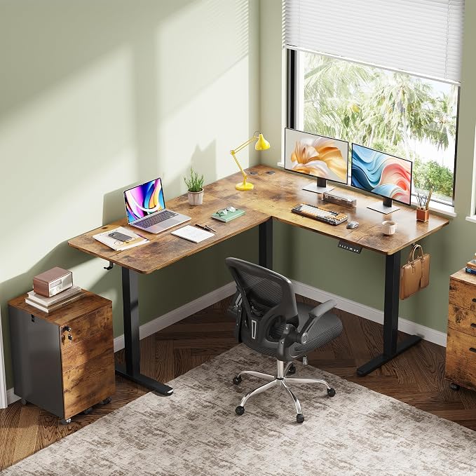 DEVAISE 63 Inch Standing Desk, L Shaped, Ergonomic Computer Desk, Black, Rustic Brown