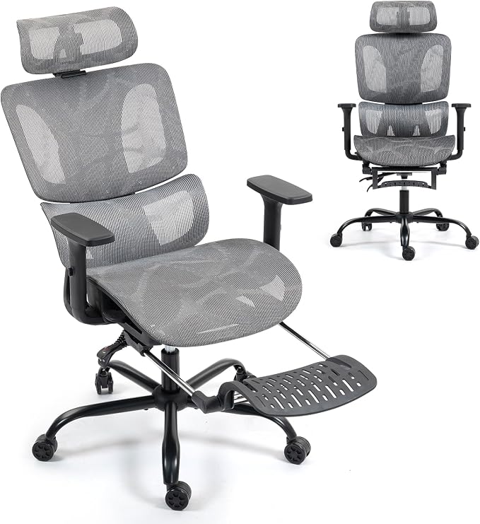 Grey Ergonomic High Back Mesh Office Chair with Footrest | Adjustable Lumbar Support, 3D Armrests, Headrest, 135° Reclining, Swivel, Home Office