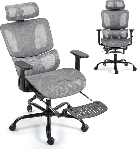 Grey Ergonomic High Back Mesh Office Chair with Footrest | Adjustable Lumbar Support, 3D Armrests, Headrest, 135° Reclining, Swivel, Home Office