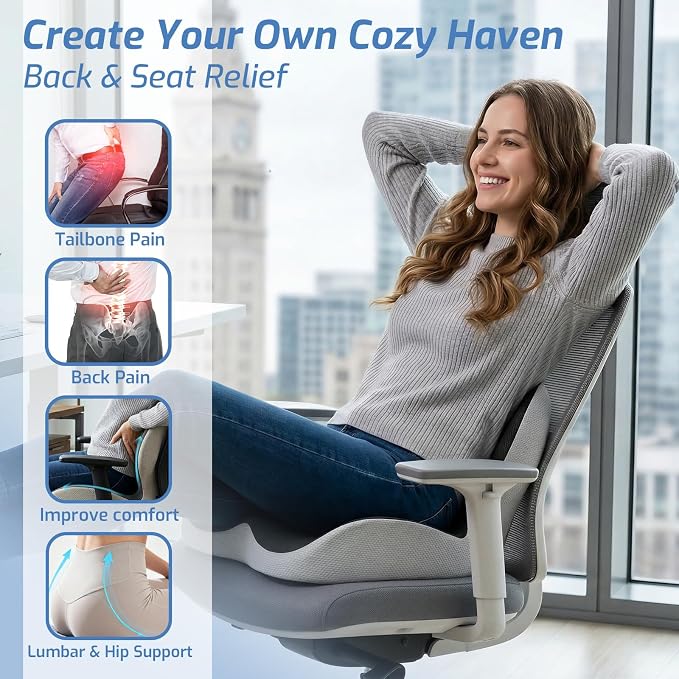 Seat Cushion,Memory Foam Chair Cushion for Office and Car,Ergonomic Coccyx Seat Cushion for Tailbone,Sciatic Nerve,Lower Back Pressure Relief,Lumbar Support Pilow for Office,Car,Truck,Desk Chair