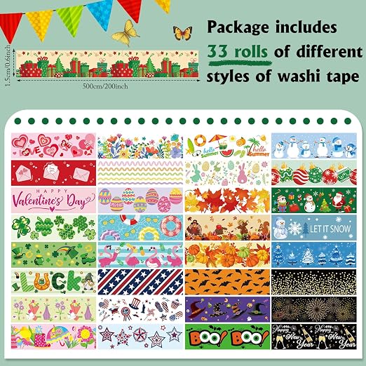 TaoBary 33 Rolls Washi Tape Set, 15 mm Holiday Washi Tape Set Seasonal Plaid Bohemian Colorful Vintage Cute for Card Wrapping Craft(Festive Style)