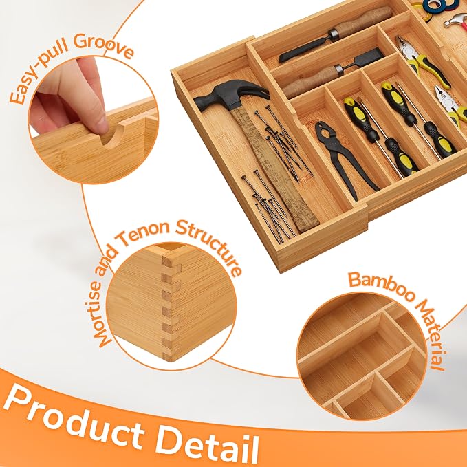 BAMEOS 3" Deepth Expandable Drawer Organizer, Deep Flatware Organizer, Adjustable Silverware Organizer, Bamboo Drawer Organizer for Kitchen, Bathroom (Natural)