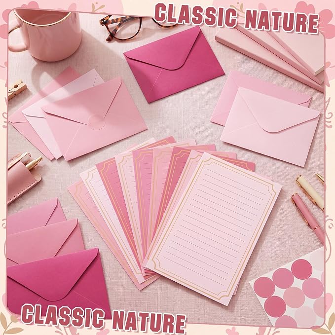 TaoBary 160 Packs Stationery Paper Set (50 Double Sided Stationery Writing Papers 50 Matching Envelopes) 60 Round Dot Sticker, 10 Design (5.5 x 8.25 Inch,Pink Color)