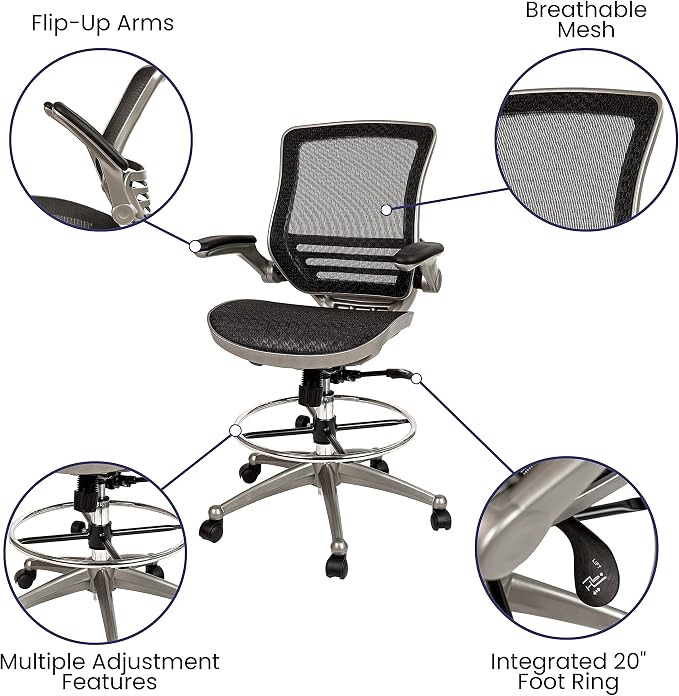 Flash Furniture Waylon Mid-Back Swivel Office Chair with Adjustable Foot Ring and Seat Height, Ergonomic Mesh Chair with Armrests, Black/Silver | Graphite Silver Frame, Mid-Back, Flip-Up Arms, Mesh Back