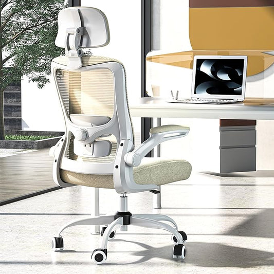 Ergonomic Office Chair, High Back Mesh Desk Chair with Adjustable Lumbar Support & Headrest, Flip-up Armrest, Computer Task Chairs for Home and Executive Office (W-Beige)