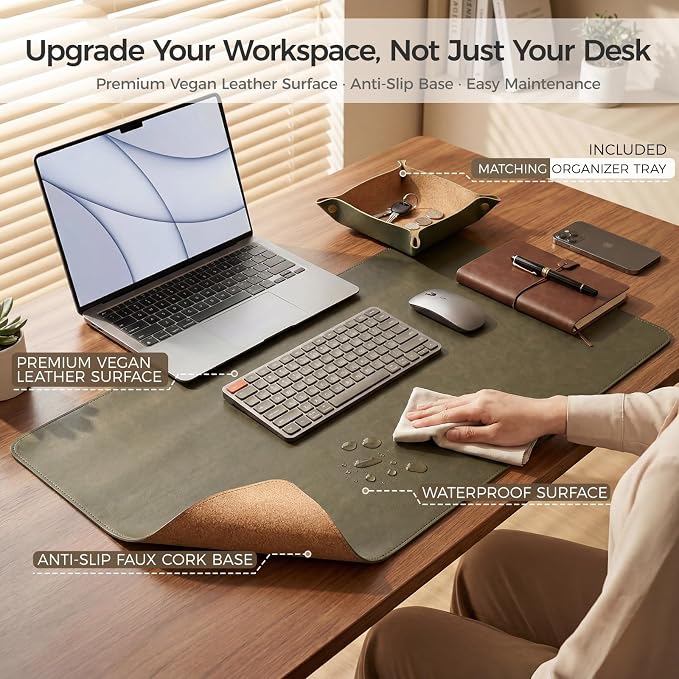 Premium Faux Leather Desk Mat & Tray Set，Innovative Cork-Look Printed Base，Gift Tube Packaging，Full-Desk Coverage，Non-Slip Desk Pad for Office Home（Olive Green）