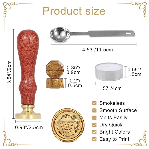 Yoption Letter Wax Seal Kit, Vintage Initial Alphabet W With Wreath Stamp and 120 Antique Gold Seal Beads