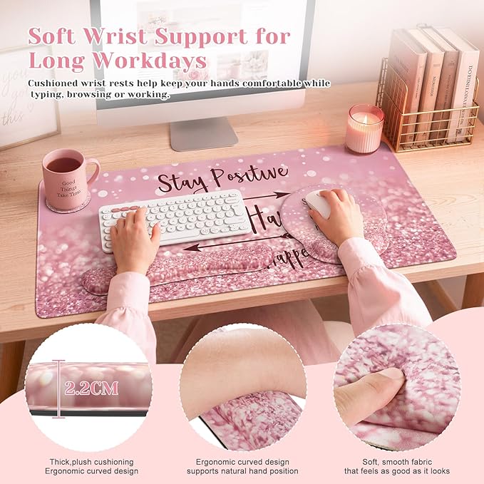 iCasso Mouse Pad,Large Pink Desk Mat Set, 4in1 XXL Mousepad + Keyboard Wrist Rest+Mouse Wrist Rest+Coaster with Ergonomic Desk Pad for Home Office Table Computer Cover -Pink Stay Positive