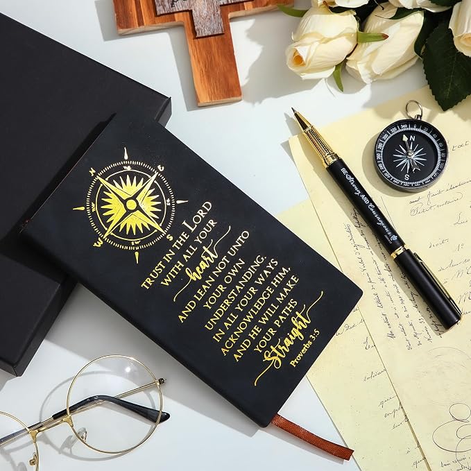 Fuyoooo 4 Pcs Baptism Gift Set for Men First Communion Gift Include Christian Journal Bible Notebook Engraved Compass and Religious Catholic Pen for Church Pastors
