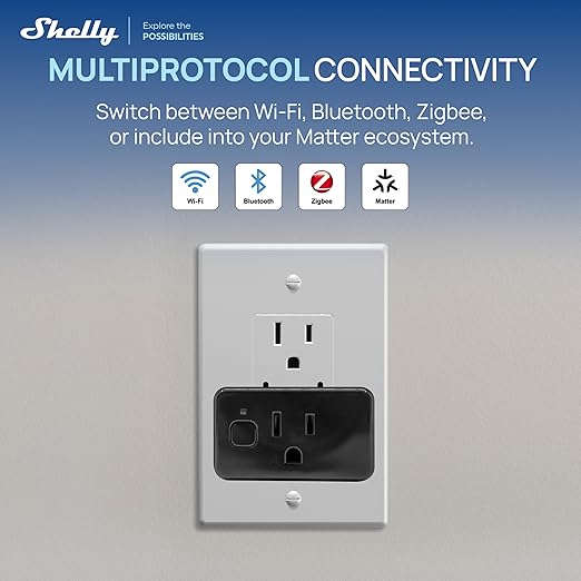 Shelly Smart Plug UL, WiFi, Bluetooth, Zigbee, Matter Outlet with Power Metering, Works with HomeKit, Google Home, Alexa, Home Assistant, Smart Socket, Easy Setup, Remote Control, Plug US Gen4 Black