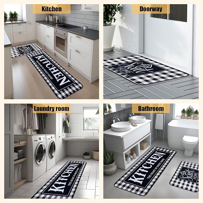 Voanos Kitchen Rugs,Non Skid Washable Microfiber mats for Kitchen Floor, Black and White Buffalo Plaid Kitchen Cushioned Runner Rug Decor Sets of 2,Size 17"x 47"+17"x 30"