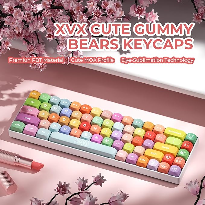 XVX Cute PBT Keycaps, Rainbow Gummy Bear Keycap Set MOA Profile, Dye-Sublimation Keyboard Keycaps Suitable for 60% 65% 75% 80% 96% 100% Layout Mechanical Keyboard with MX Switches