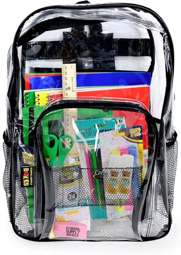 School Supply Boxes | 17" Clear Backpack Bundle for Middle School | Back to School Bookbag with Supplies | Pencil Pouch, Notebooks, Filler Paper, Folders, Mechanical Pencils & More