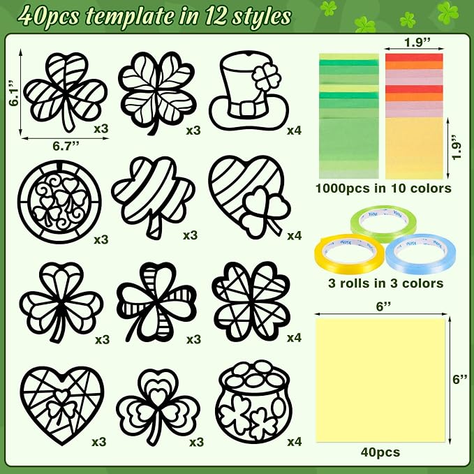 Renbuzhu 40PCS St. Patricks Day Crafts Bulk: Paper Shamrock Suncatchers, Saint Patrick's DIY Kits, Window Stained Glass Effect Art Supplies