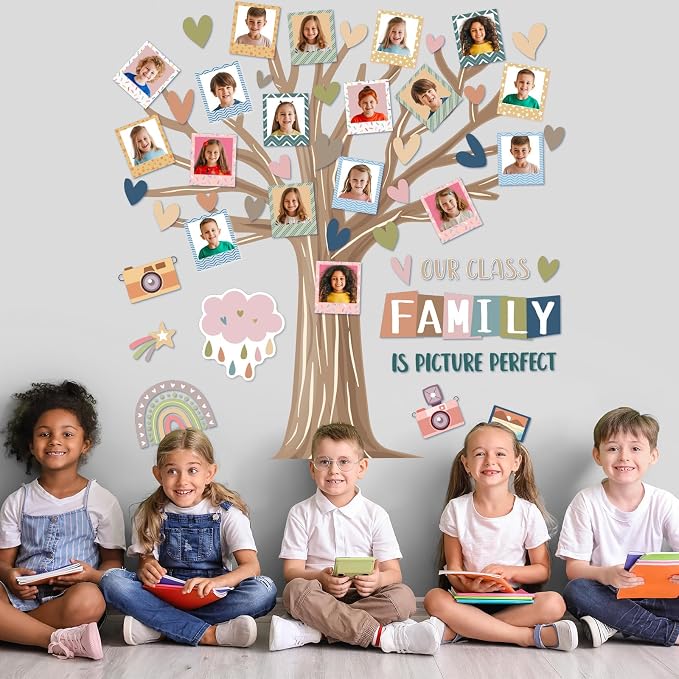 Back to School Bulletin Board Our Class Family is Picture Perfect Bulletin Board Set Colorful Picture Frame Classroom Decoration Boho Tree DIY Photo Crafts Cutouts for Schools Offices Teacher Supplies