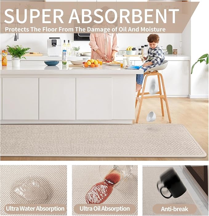 YDKGL Kitchen Mats for Floor, Super Absorbent Kitchen Rugs Non Slip Washable, Soft Imitation Linen Braided Runner Rug, Standing Mat Kitchen Sink Mat, Easy to Clean, Beige 17x71