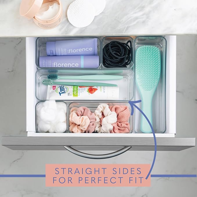 primebox Six Pieces - Clear Plastic Drawer Organizer Bins - Stackable, Non-Slip, 3 Sizes