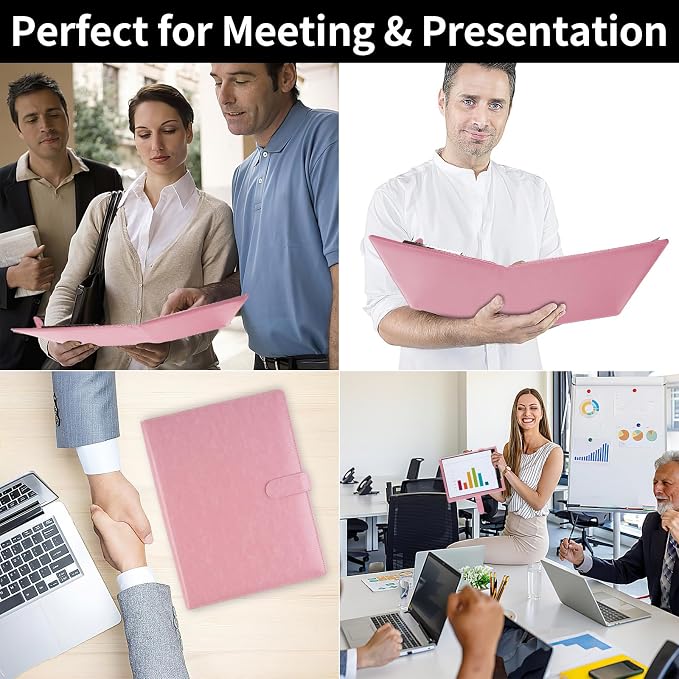 Professional Padfolio with Clipboard, Faux Leather Portfolio Folder Binder, Legal Pad Holder for A4 Letter Size Notepad, Resume, Writing, Ideal Organizer for Business Office Conference (Pink)