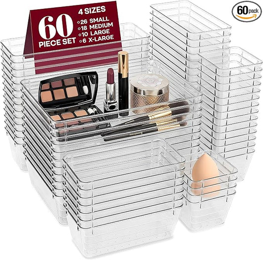 60 Pcs Makeup Drawer Organizer Set, 4 Sizes Versatile Bathroom and Vanity Drawer Organizer for Makeup, Non-Slip Desk Organizer Trays for Bedroom, Office, Fits Jewelry and Office Supplies