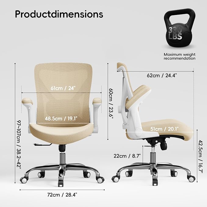 Ergalithic Office Home Ergonomic Desk Chair-Computer X-Shaped Chair Mesh PU Leather with Adjustable Lumbar Support-Executive Chair High Back Flip-Up Arms for Long Hours (Khaki-No Headrest)