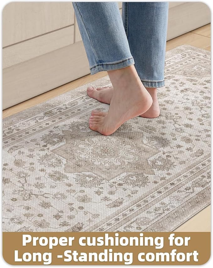 Color&Geometry Kitchen Floor Mat 24x87 Vintage Anti Fatigue, Beige | 0.4in Cushion Standing Mat For Cooking/Working/Laundry, Boho Decor, Non Slip PVC Kitchen Rug, Oil/Water Proof, Anti Slip