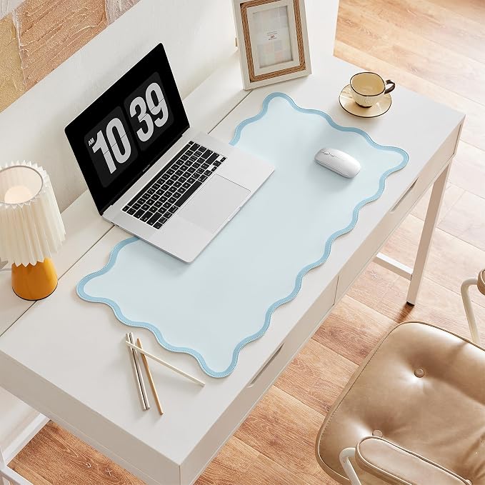 Scalloped Desk Mat, 31.5" x 15.7", PU Leather, Waterproof Anti-Slip, Cute Aesthetic Desk Pad for Office/Home/Game/Vanity (Blue, 31.5" x 15.7")