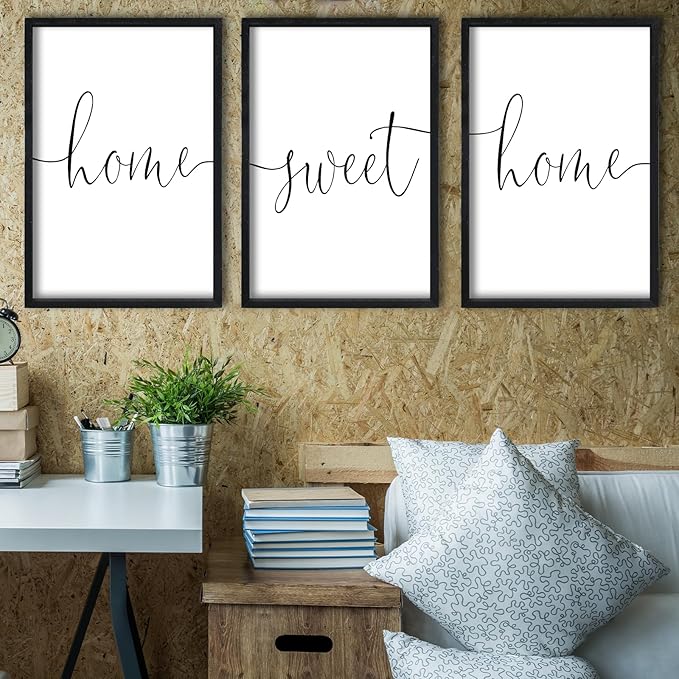 RLWangChao Home Sweet Home Sign Set of 3 Wall Art Decor 16"X24" Vintage Bedroom Above Bed Minimalist Modren Living Room Wooden Framed Warm And Cozy Family Wall Hanging Decoration (Black)
