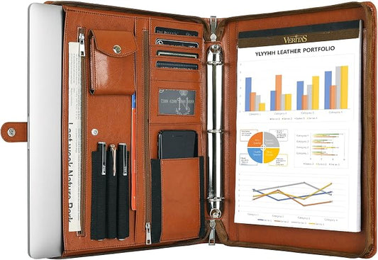 Brown Leather Padfolio for Women/Men, Business Leather Binder 3 Ring Portfolio, Personalized Leather Portfolio Binder, Zippered Portfolio Organizer for A4 Notepad & 13-inch Laptop/Tablet